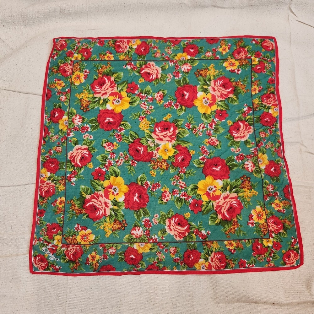 Vintage Kenzo Paris Green Floral Cotton Scarf Red Border Designer Neckwear 17x17